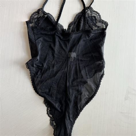 Vintage Bodysuit Lingerie Black With Pink Rose Depop