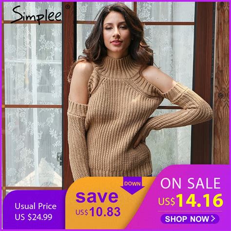 Simplee Turtleneck Off Shoulder Knitted Sweater Women Autumn Fashion