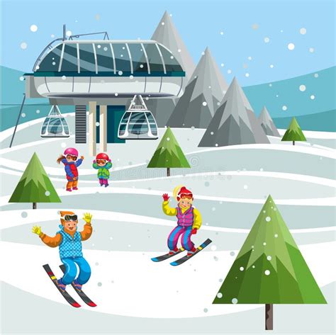 Cartoon Skiers In The Mountains Vector Illustration Skiing Sportsmen