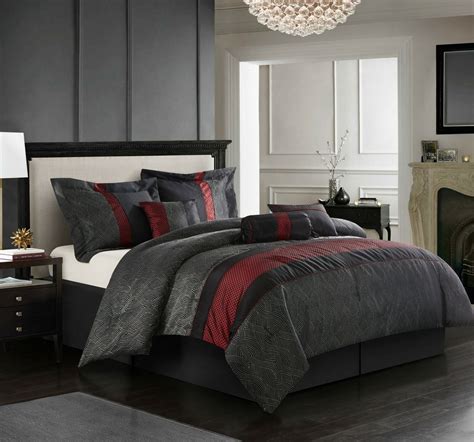 Full Queen Cal King Bed Red Black Gray Grey Geometric Striped 7 Pc