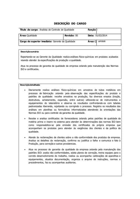 Analista Controle De Qualidade Pdf