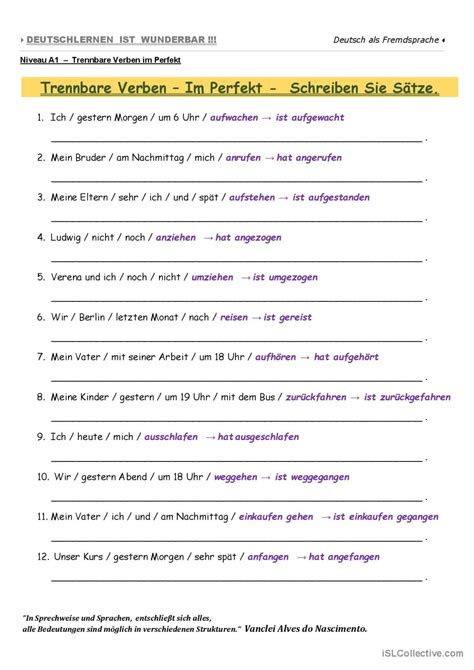 A1 Trennbare Verben im Perfekt S Deutsch DAF Arbeitsblätter pdf doc