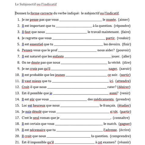 Subjonctif Et Indicatif Feuille De Travail