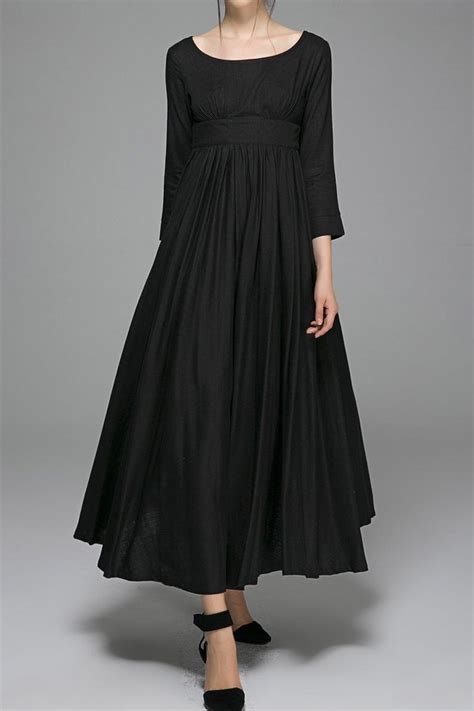 Vintage Style Empire Waist Maxi Dress Black Linen Dress Etsy Black