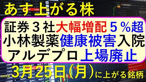 あす上がる株 2024年3月25日（月）に上がる銘柄 ～最新の日本株での株式投資。初心者でも。小林製薬が紅麹サプリで社長が本社で自主回収の記者