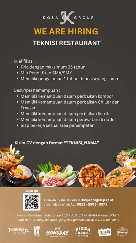 Lowongan Kerja Teknisi Restaurant Di Koba Group Nugasin