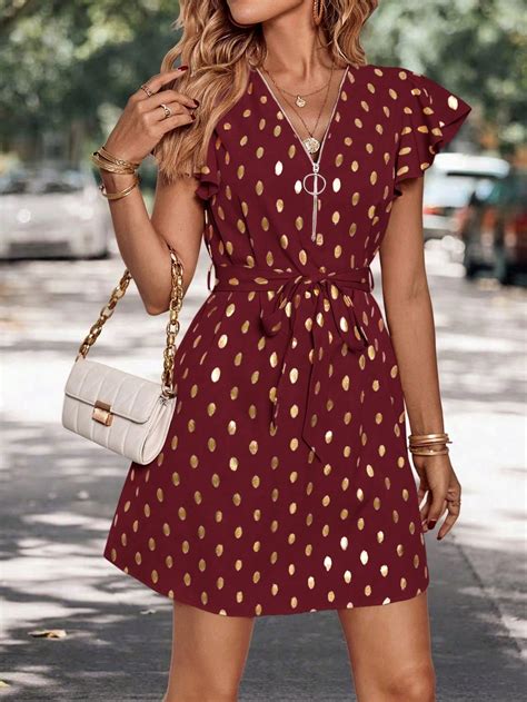 Shein Lune Gold Dot Print Butterfly Sleeve Belted Dress Shein Usa