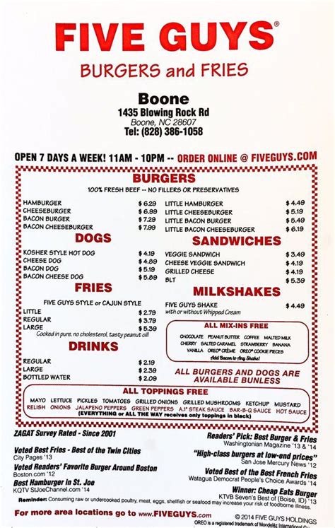 Menu At Five Guys Fast Food Boone Blowing Rock Rd