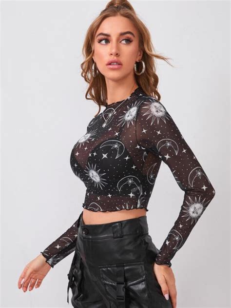 Shein Ezwear Sun And Moon Sheer Mesh Crop Top Shein Usa