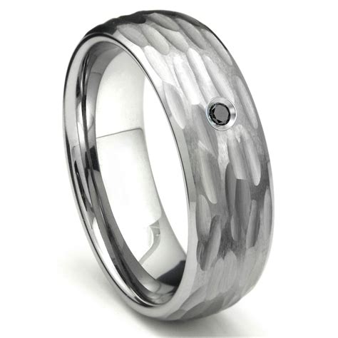 Tungsten Carbide Black Diamond Hammer Finish Dome Mens Wedding Band