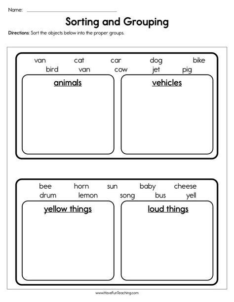 Sorting Worksheet For First Grade