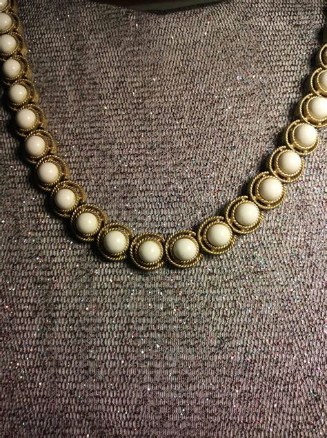 Choker Style Necklace White Beads On Gold Tone Setting 1970s