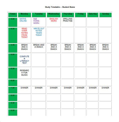 Daily Homework Schedule Template Excel Templates