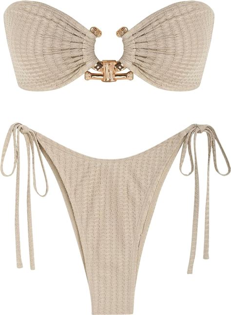 Zaful Metal Ring Bandeau Bikini Set Tie Side Bathing Suit High Cut Piece Swimsuit Cutout