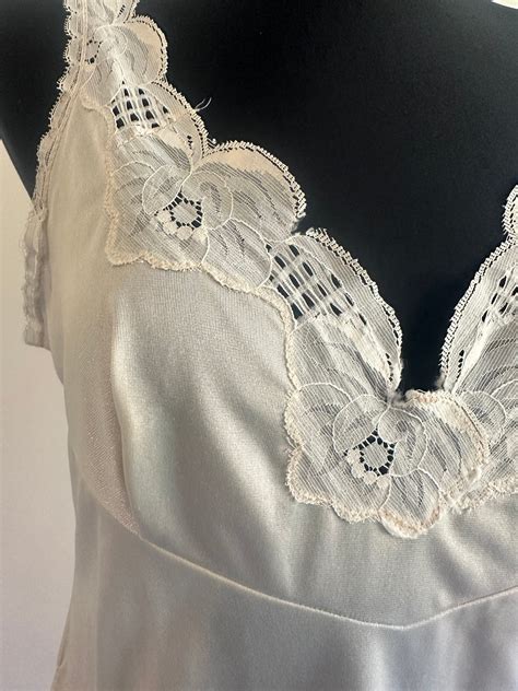 1980s Soviet Vintage Full Slip Negligee Milk White Nylon Lace Lingerie Underwear Nightgown Sexy