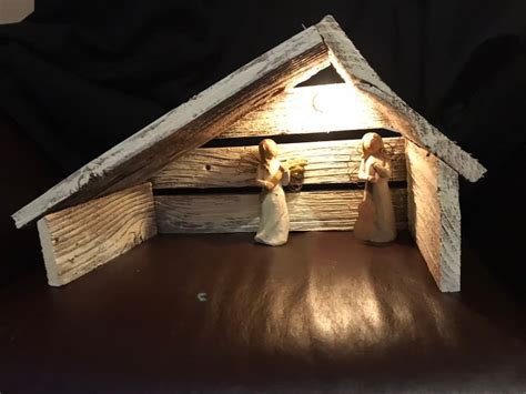 Rustic Lighted Handmade Wooden Nativity Manger Stable Antique Etsy