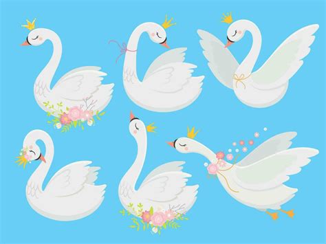 Cute Princess Swan Beautiful White Swans In Gold Crown Cartoon Goose Bird And Duckling Vector