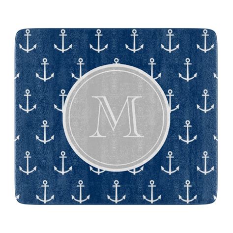 Navy Blue White Anchors Pattern Gray Monogram Cutting Board Zazzle