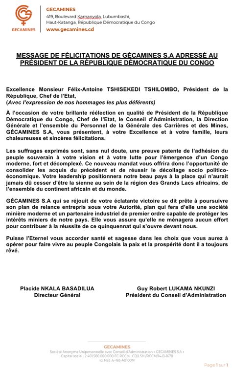 MESSAGE DE FÉLICITATIONS DE GÉCAMINES S A ADRESSÉ AU PRESIDENT DE LA