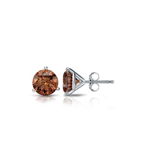 Certified 14k White Gold 3 Prong Martini Round Brown Diamond Stud