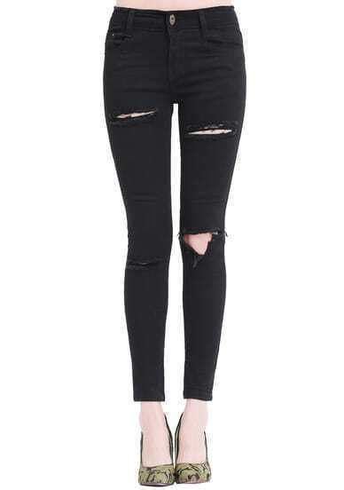 Black Slim Ripped Pockets Denim Pant Sheinsheinside