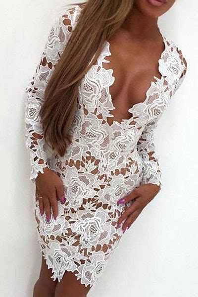 Deep V Neck Hollow Out Lace Plain Bodycon Dresses