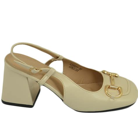 Decollete Scarpe Donna Slingback Beige Nude Con Tacco Largo Asimmetrico