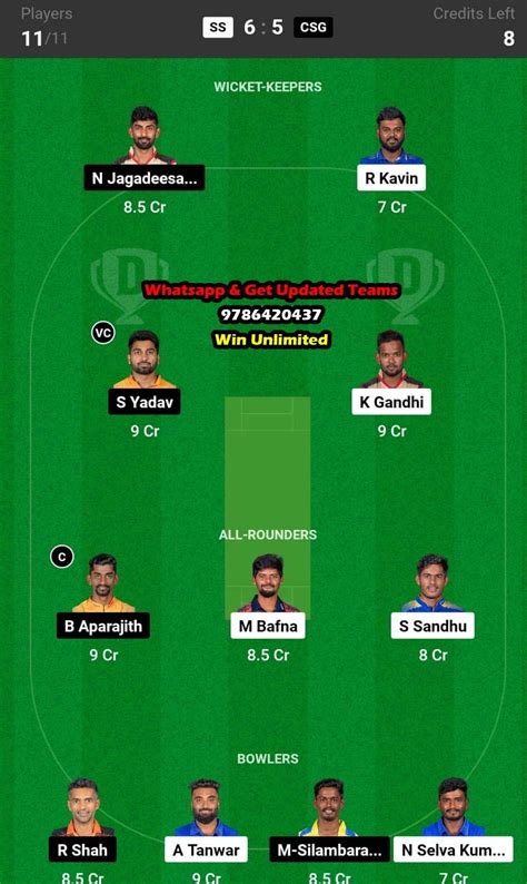 SS Vs CSG 2nd Match Dream11 Team Fantasy Prediction Tamil Nadu Premier