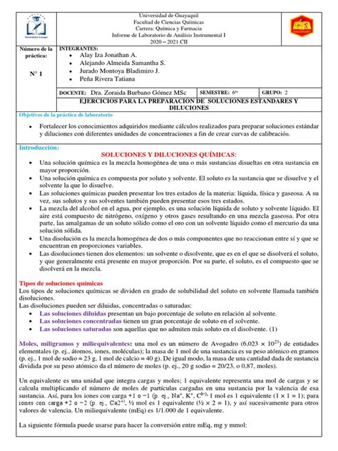 Informe N°1 Ejercicios Para La Preparación De Soluciones Estándares Y