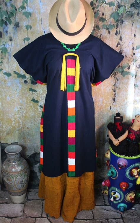 L Xl Yalalag Huipil Dress Dark Blue Multi Color Hand Embroidered