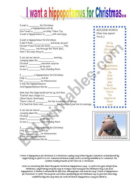 I Want A Hippopotamus For Christmas ESL Worksheet By Atd46