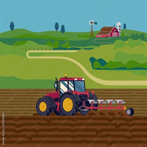 Cool Vector Flat Illustration On Farming With Tractor Plowing A Field