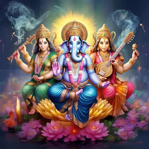 Premium AI Image | illustration of Lord Laxmi Lord Ganesha Lord ...