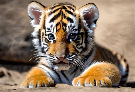 Premium Photo | A tiger cub is laying on the ground