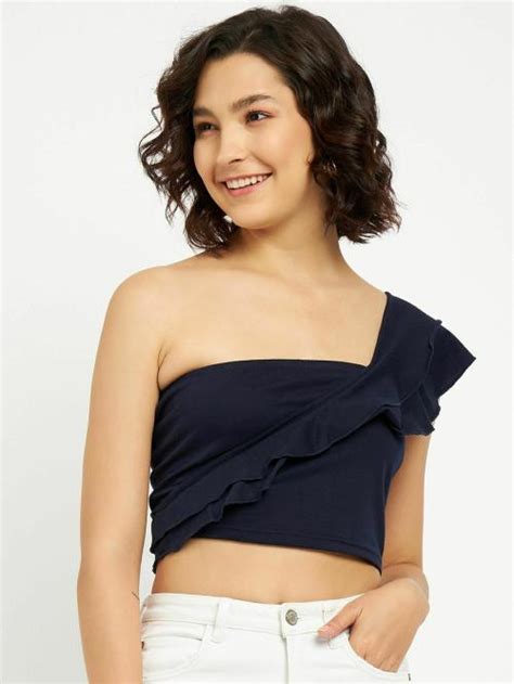 Buy Brinns Navy One Shoulder Ruffles Crop Top Online At Best Prices In