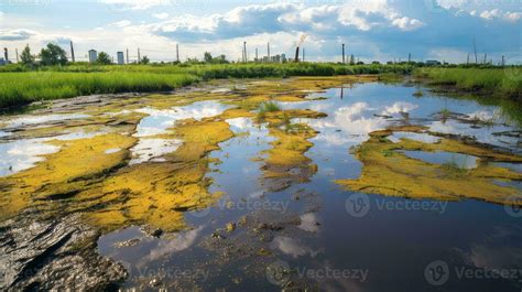 Polluted Wetland With Oil Contamination Generative Ai Stock