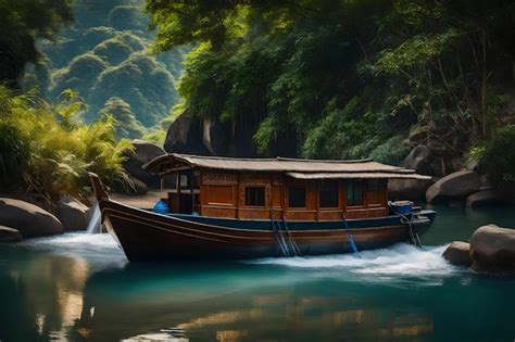 Premium AI Image | A painting of a boat that has a boat on the water