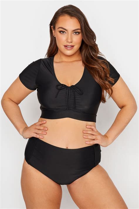 Plus Size Crop Bikinitop Met Ruches Strikdetail In Zwart Yours Clothing