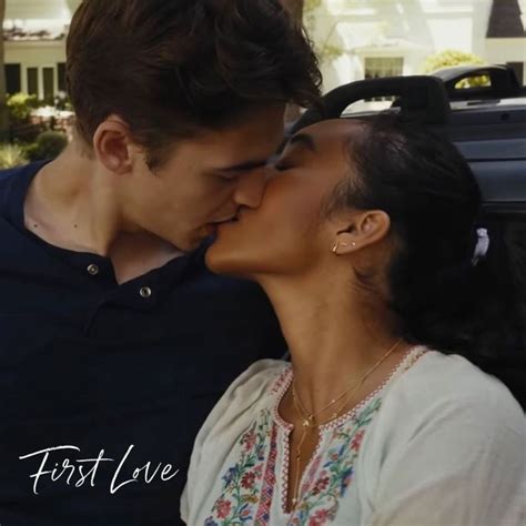 a man and woman kissing each other in front of a car with the words ...