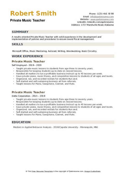 Private Music Teacher Resume Samples Qwikresume