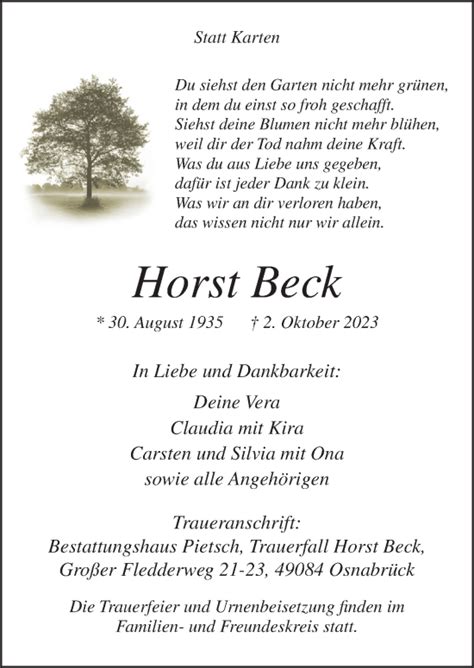 Traueranzeigen Von Horst Beck Noz Trauerportal