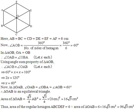 find the area of a regular hexagon whose each side is 8cm - Maths ...