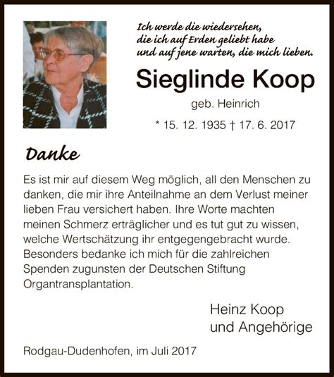 Traueranzeigen Von Sieglinde Koop Trauer Op Online De