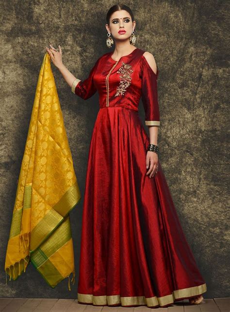 Red Silk Long Anarkali Suit 94357 Indian Anarkali Dresses Silk