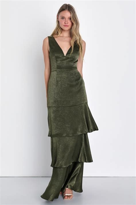 Olive Green Maxi Dress Satin Tiered Dress Bridesmaid Dress Lulus