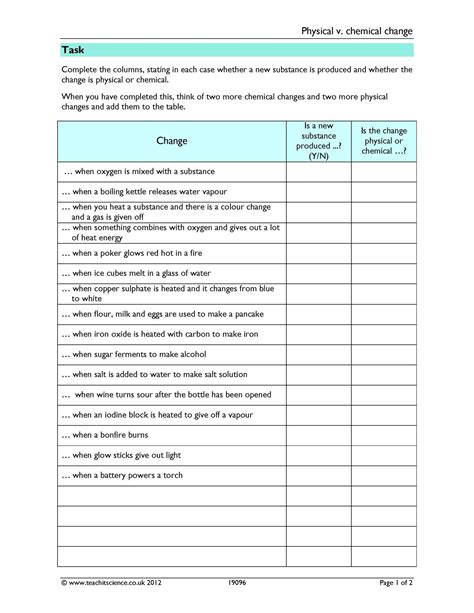 Physical V Chemical Change Worksheets Library