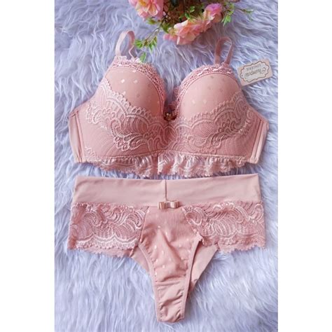 Conjunto Lingerie Rosa Detalhes Em Renda Calcinha Fio Duplo Shopee Brasil