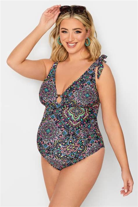 BUMP IT UP MATERNITY Plus Size Black Paisley Print Plunge Swimsuit