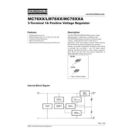 Mc7805 Fairchild 5v 1a Positive Voltage Regulator Datasheet