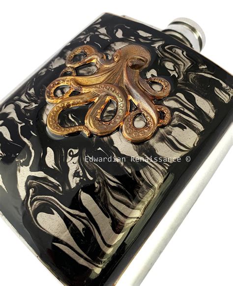 Octopus Hip Flask In Oxidized Brass Inlaid In Hand Painted Etsy